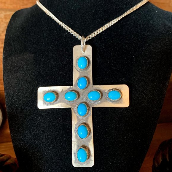 Rustic Turquoise and Silver Cross
